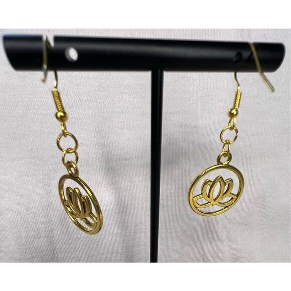 Handmade Gold Circular Lotus Dangly Earrings - Picture 4 of 4